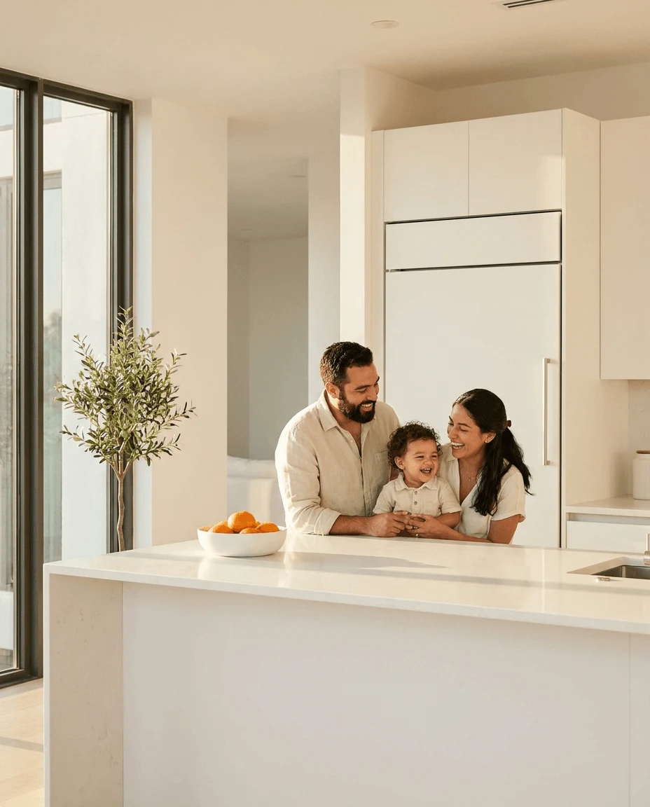 Familia disfrutando de una cocina saludable con Royal Prestige en una cocina blanca y luminosa